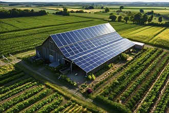 Sustainable agriculture farmyard with solar paneel, AI generated