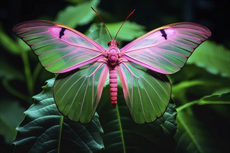 Beautiful stylized pink butterfly with transparent wings in natural leaves environment, AI