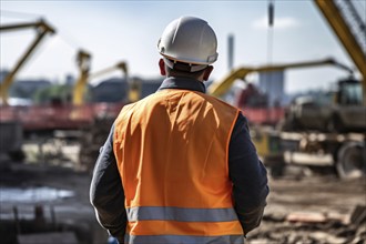 Back view of male construction worker with safety helmet and orange safety vest looking at blurry