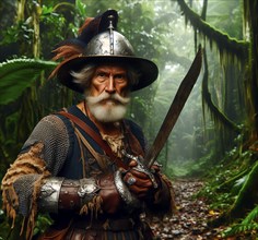 Spanish conquistador in the jungle, in the rainforest of South America to enslave and destroy the