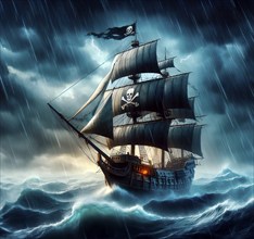 A privateer pirate ship with a pirate flag sails across the ocean in storms, rain and high waves,