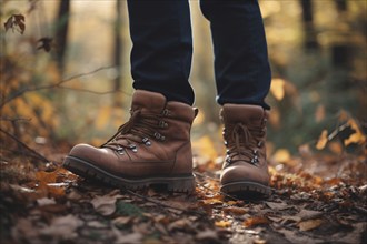 Close up of legs with hiking boots in forest. KI generiert, generiert AI generated