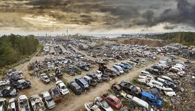 Symbolism, large junkyard with wrecked cars, scrap cars, scrap metal, AI-generated, AI-generated,