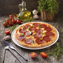 Food, a ready-made pizza with salami, AI generated, AI generated