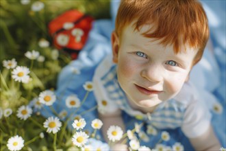 Toddler, boy, young, fair-skinned with red hair and freckles is exposed to sunlight without