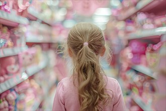 Back view of female girl child in toy shop full of stereotypical pink toys. KI generiert,