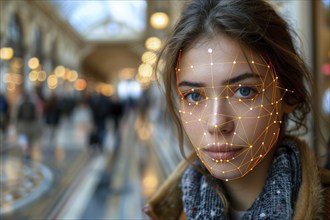 Face of a woman superimposed with futuristic facial recognition technology, symbolises highly