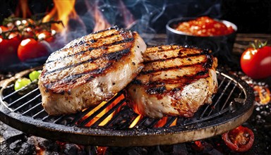 Food, dishes, two turkey steaks on a charcoal grill with glowing charcoal, AI generated, AI