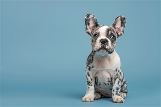 Merle French Bulldog dog puppy sitting in front of blue background. KI generiert, generiert, AI