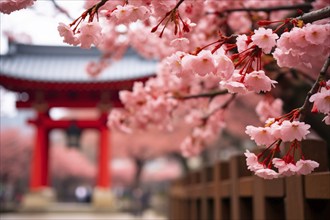 Japanese sakura cherry blossom trees with Asian red Tori gate in background. KI generiert,