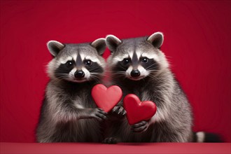 Pair of racoons holding hearts in front of red studio background. KI generiert, generiert AI