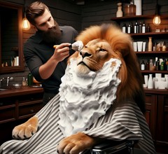 A maned lion soaping up for a shave in the hairdressing salon, AI generated, AI generated