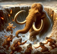 Prehistory, prehistory, mammoth hunt, a mammoth (Mammuthus) is attacked by ice age hunters in a