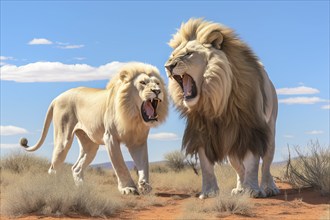 Two male lions confronting each other in the desert, Africa, AI generated