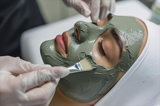 Cosmetician applying green matcha beauty skin care face mask on woman's face. KI generiert,