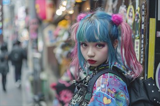 Young Asian woman with blue and pink dyed hair and bold street fashion clothing in city street. KI