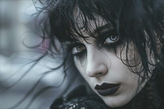 Face of young woman in gothic style in street. KI generiert, generiert, AI generated