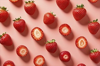 Whole and halved strawberry fruits on pink background. KI generiert, generiert, AI generated