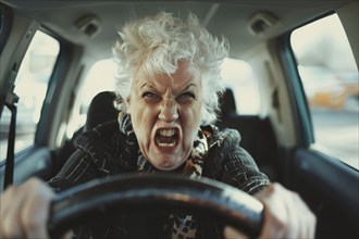 Elderly woman sitting behind the steering wheel screaming in exasperation, symbolic image for