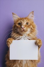 Orange cat holding empty white sign in front of studio background. KI generiert, generiert, AI