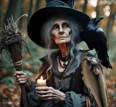 An old witch with a brushwood broom and a raven on her shoulder, symbolic image myth, mythology,