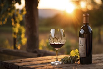 Aged bottle of wine glowing under the low sun with a vineyard in the background, AI generated