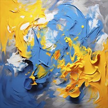 AI generated abstract art showcasing a dynamic splash of blue and yellow colors in square format