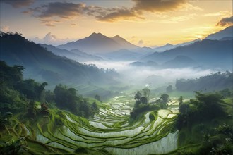 Early morning light bathes Philippines rice terraces cascading down mountain slopes, AI generated