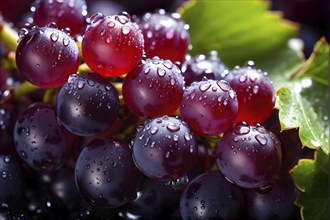 Harvest ready grape bunches with water droplets sparkling in the sunlight, AI generated