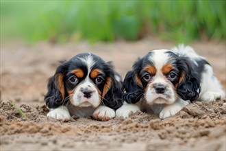 Two cute Cavalier King Charles Spaniel pups lying on the ground and looking curiously, AI generated