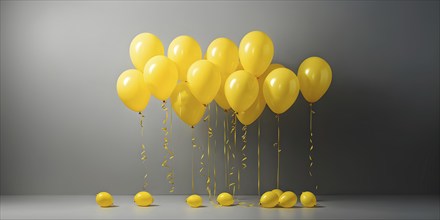 AI generated cluster of yellow helium balloons floating against a grey background