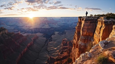 Sunrise over grand canyon in vibrant colors casting light on overhanging rock formations, AI