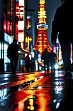 Tokyo streets at night with water puddles reflecting a neon glow and bustling crowd, AI generated