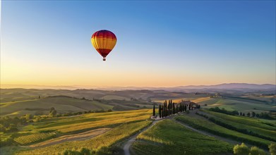 Hot air balloon drifting above undulating tuscan hills in sunsets golden light, AI generated