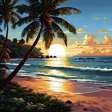 Pixel art illustration of a tropical island paradise with palm trees and sandy beach, AI generated