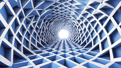 Tunnel structure in blue hues representing data and communication in abstract geometric pattern, AI