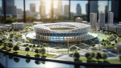 Scale model of modern soccer stadium on a polished conference table, AI generated