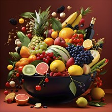 Vibrant illustration of a bowl brimming with a cascade of fresh fruits and vegetables, AI generated