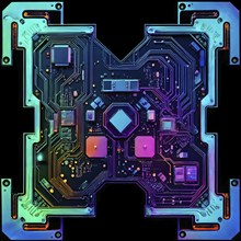 Birds eye view of a circuit board in vivid colored paths and connections, AI generated