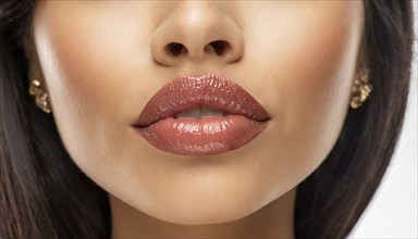 Close-up of lips with shimmering lipstick and smooth skin, AI generated, AI generated