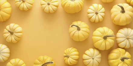 Banner with small yellow pumpkins on yellow background with copy space. Generative Ai, AI generated