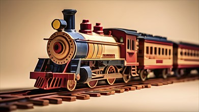 Vintage wooden locomotive toy with a playful design in front of a beige background, AI generated