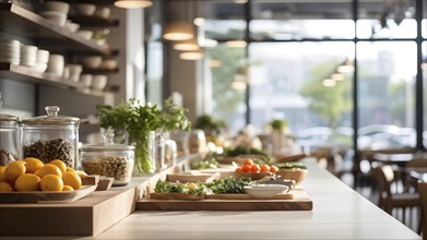 Wooden kitchen with top counter and other modern interior elements, AI generated