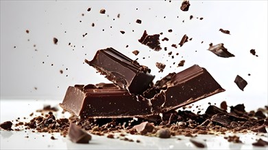 Milk chocolate bar exploding into fragments against a dark backdrop, AI generated