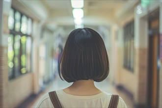 Back view of young teenager girl in empty high school corridor. KI generiert, generiert, AI