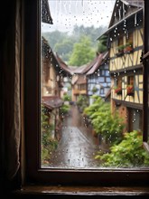 AI generated raindrops tracing paths down a large window with village with half timbered houses in