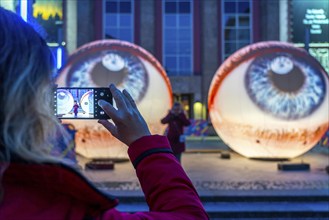 Essen Light Festival, in the city centre, artwork Oculus by the Italian artist H:E:M, 2 giant