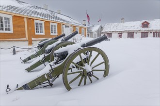 Historical cannons, building, war museum, snow, wind, snowstorm, Vardohus Fortress, Vardo, Varanger