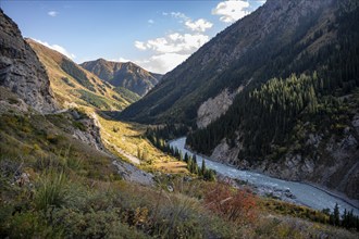 Mountain landscape with river in a narrow mountain valley in autumn, Little Naryn or Kichi-Naryn,