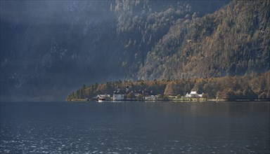 Königssee and pilgrimage church St. Bartholomä, autumnal mountain landscape by the lake,